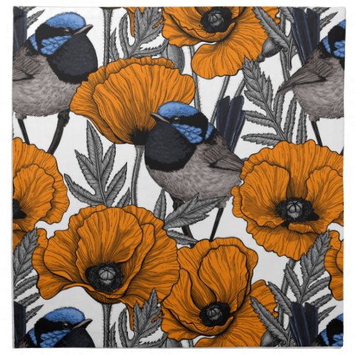 Fairy wrens and orange poppy flowers 2 cloth napkin