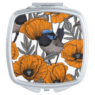Fairy wrens and orange poppy flowers 2 compact mirror