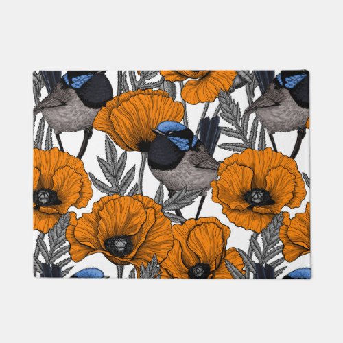 Fairy wrens and orange poppy flowers 2 doormat