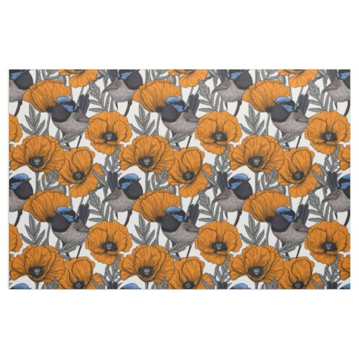 Fairy wrens and orange poppy flowers 2 fabric