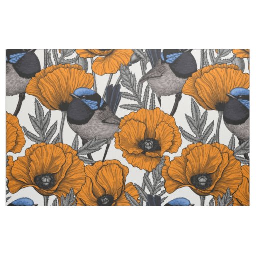 Fairy wrens and orange poppy flowers 2 fabric