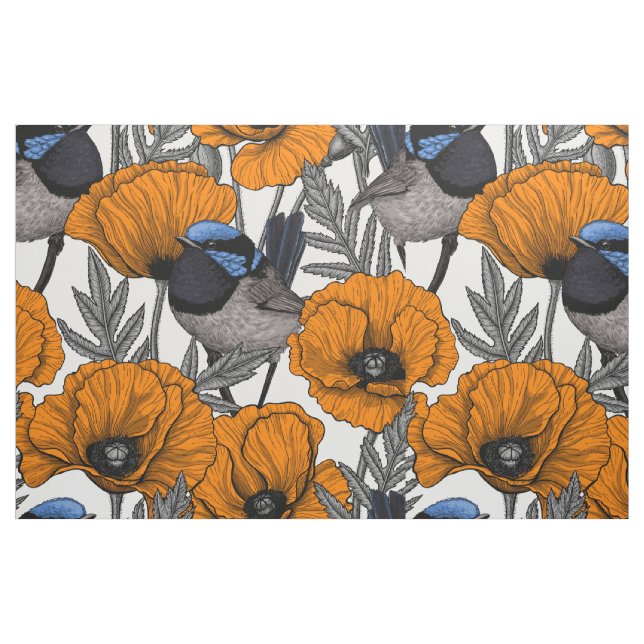 Fairy wrens and orange poppy flowers 2 fabric (Fat Quarter)