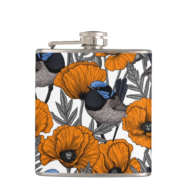 Fairy wrens and orange poppy flowers 2 flask (Front)
