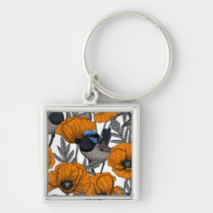 Fairy wrens and orange poppy flowers 2 keychain