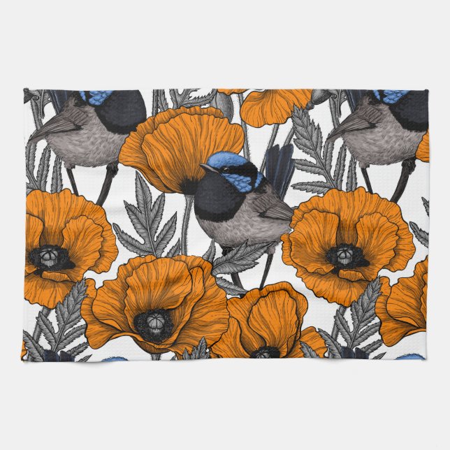 Fairy wrens and orange poppy flowers 2 kitchen towel (Horizontal)