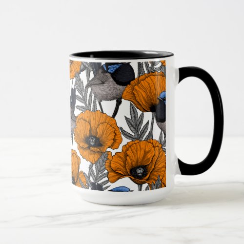 Fairy wrens and orange poppy flowers 2 mug