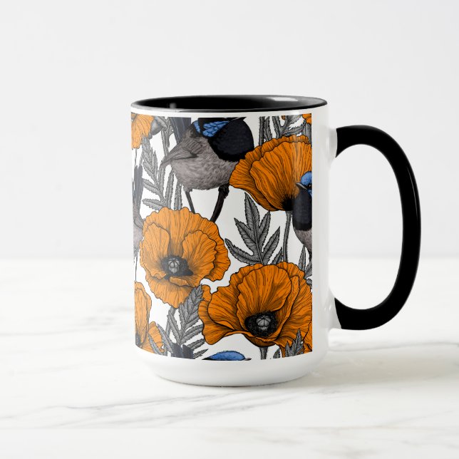 Fairy wrens and orange poppy flowers 2 mug (Right)