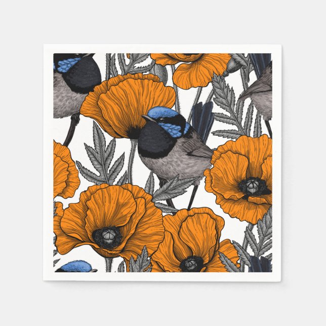Fairy wrens and orange poppy flowers 2 napkins (Front)