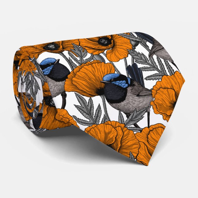 Fairy wrens and orange poppy flowers 2 neck tie (Rolled)