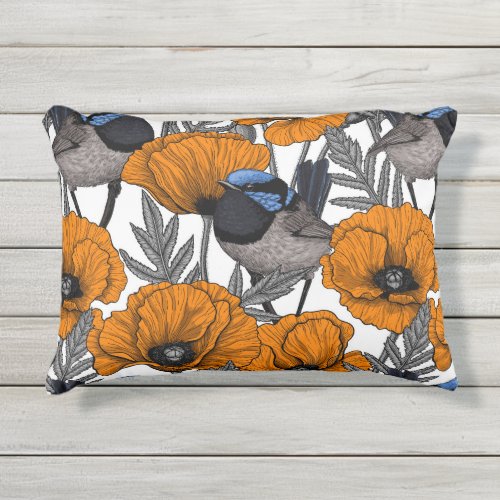 Fairy wrens and orange poppy flowers 2 outdoor pillow