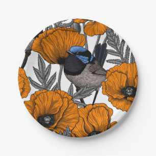 Fairy wrens and orange poppy flowers 2 paper plates