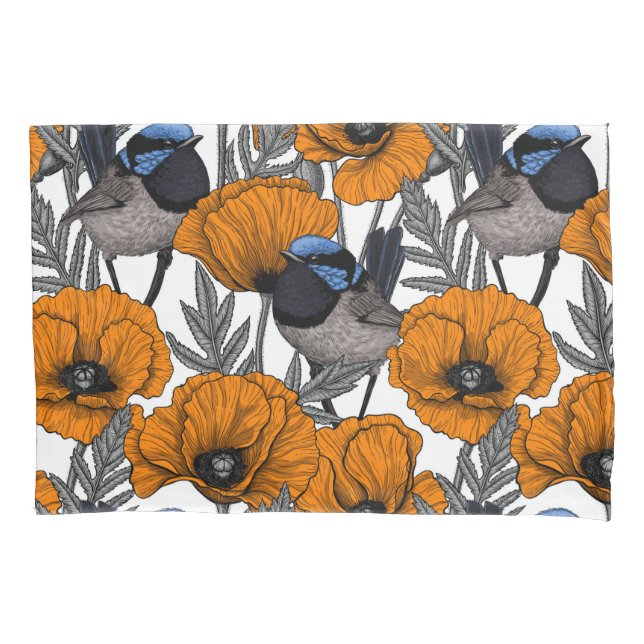 Fairy wrens and orange poppy flowers 2 pillow case (Front-Left)
