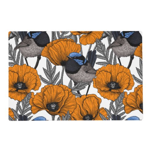 Fairy wrens and orange poppy flowers 2 placemat