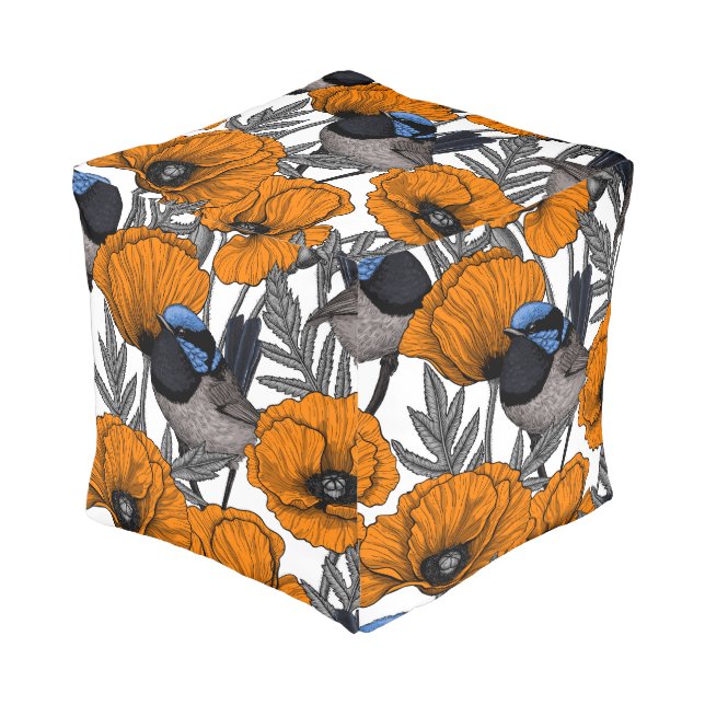 Fairy wrens and orange poppy flowers 2 pouf (Angled Front)