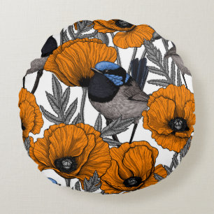 Fairy wrens and orange poppy flowers 2 round pillow