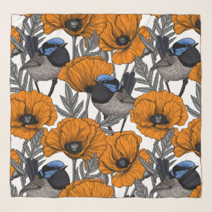 Fairy wrens and orange poppy flowers 2 scarf
