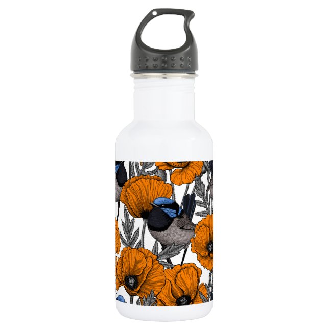 Fairy wrens and orange poppy flowers 2 stainless steel water bottle (Front)