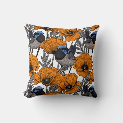 Fairy wrens and orange poppy flowers 2 throw pillow