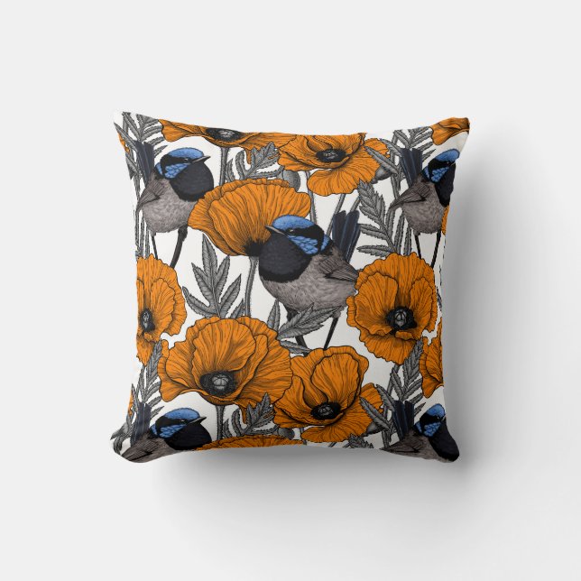 Fairy wrens and orange poppy flowers 2 throw pillow (Front)