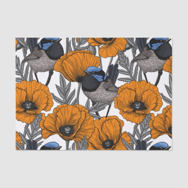 Fairy wrens and orange poppy flowers 2 tissue paper (Front)