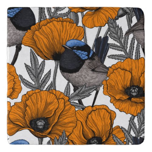 Fairy wrens and orange poppy flowers 2 trivet