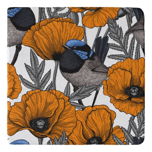 Fairy wrens and orange poppy flowers 2 trivet (Front)