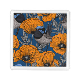 Fairy wrens and orange poppy flowers acrylic tray