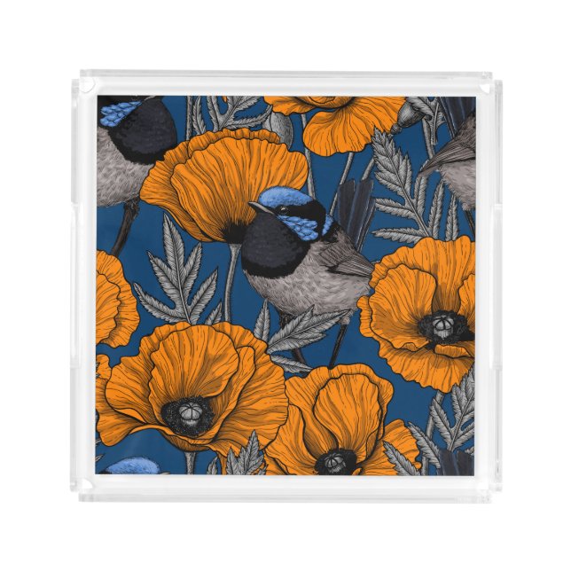 Fairy wrens and orange poppy flowers acrylic tray (Front)