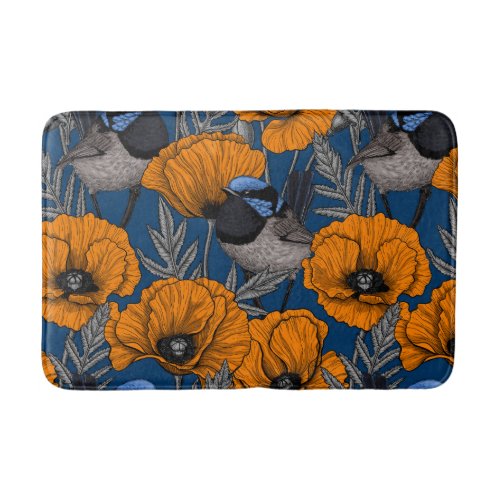 Fairy wrens and orange poppy flowers bath mat