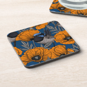 Fairy wrens and orange poppy flowers beverage coaster