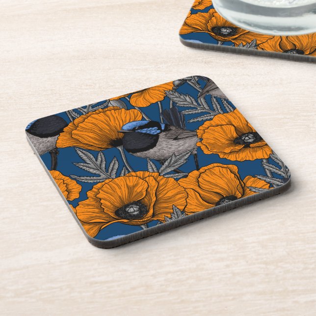 Fairy wrens and orange poppy flowers beverage coaster (Left Side)
