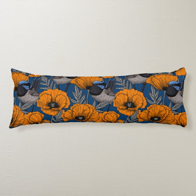 Fairy wrens and orange poppy flowers body pillow (Front)
