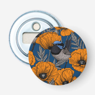 Fairy wrens and orange poppy flowers bottle opener