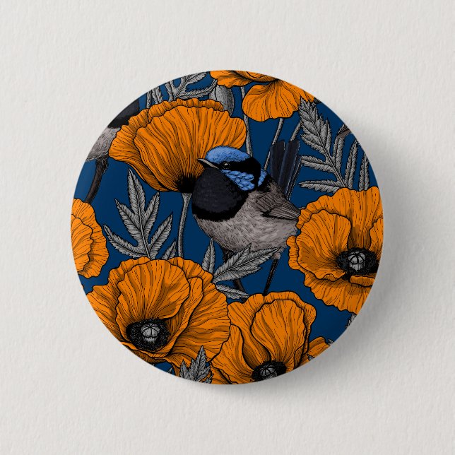 Fairy wrens and orange poppy flowers button (Front)