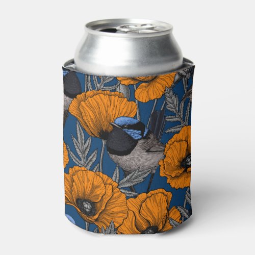 Fairy wrens and orange poppy flowers can cooler