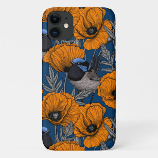 Fairy wrens and orange poppy flowers iPhone 11 case