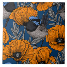Fairy Wrens And Orange Poppy Flowers Ceramic Tile at Zazzle