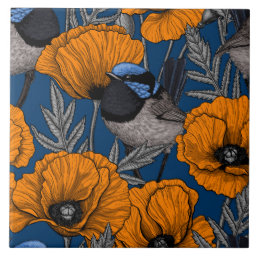 Fairy wrens and orange poppy flowers ceramic tile