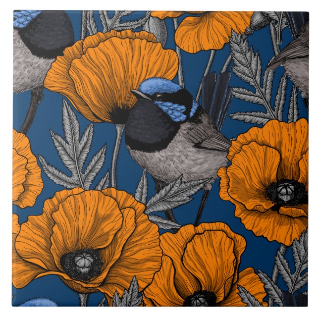 Fairy wrens and orange poppy flowers ceramic tile (Front)