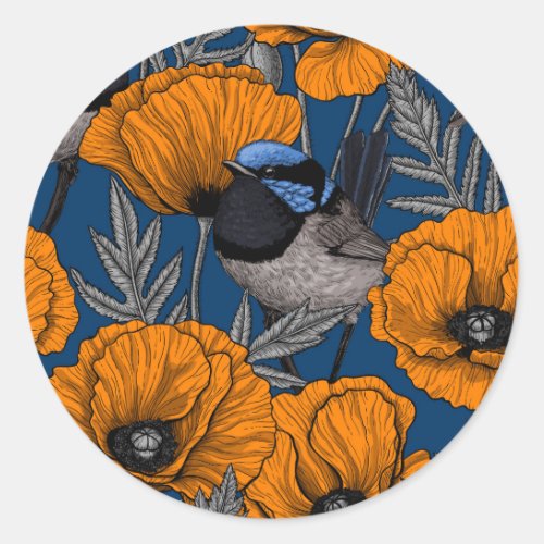 Fairy wrens and orange poppy flowers classic round sticker