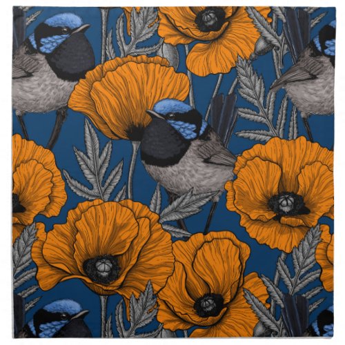 Fairy wrens and orange poppy flowers cloth napkin