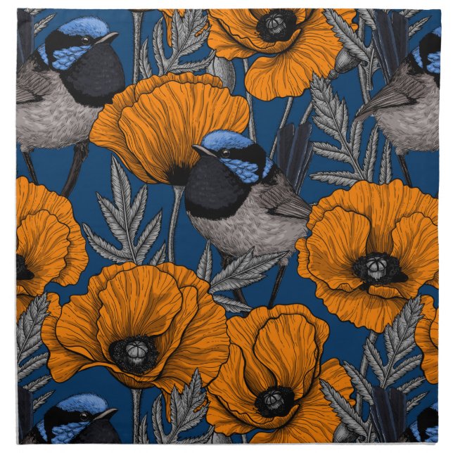 Fairy wrens and orange poppy flowers cloth napkin (Front)