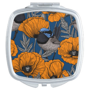 Fairy wrens and orange poppy flowers compact mirror