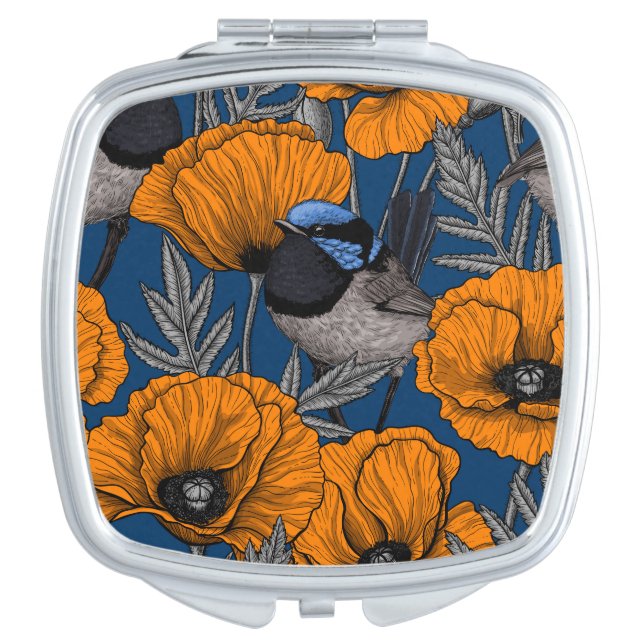 Fairy wrens and orange poppy flowers compact mirror (Front)