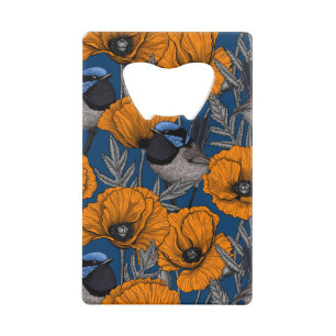 Fairy wrens and orange poppy flowers credit card bottle opener