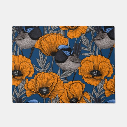 Fairy wrens and orange poppy flowers doormat