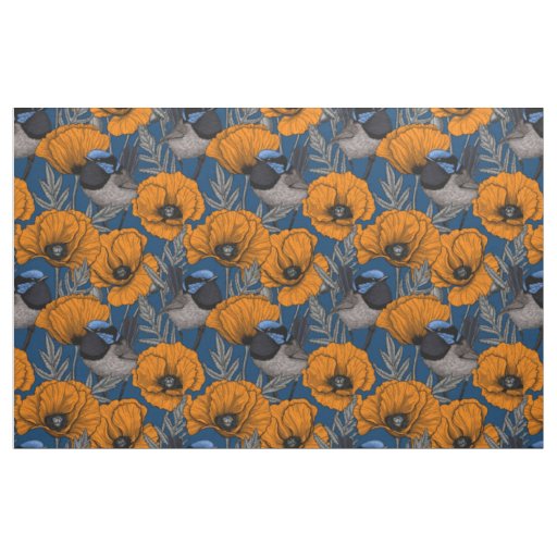 Fairy wrens and orange poppy flowers fabric