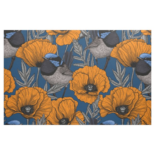 Fairy wrens and orange poppy flowers fabric (Fat Quarter)
