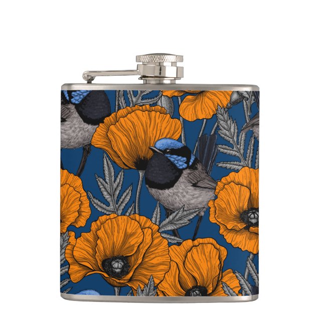 Fairy wrens and orange poppy flowers flask (Front)