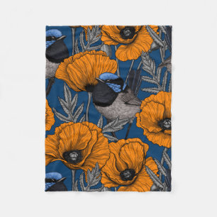 Fairy wrens and orange poppy flowers fleece blanket